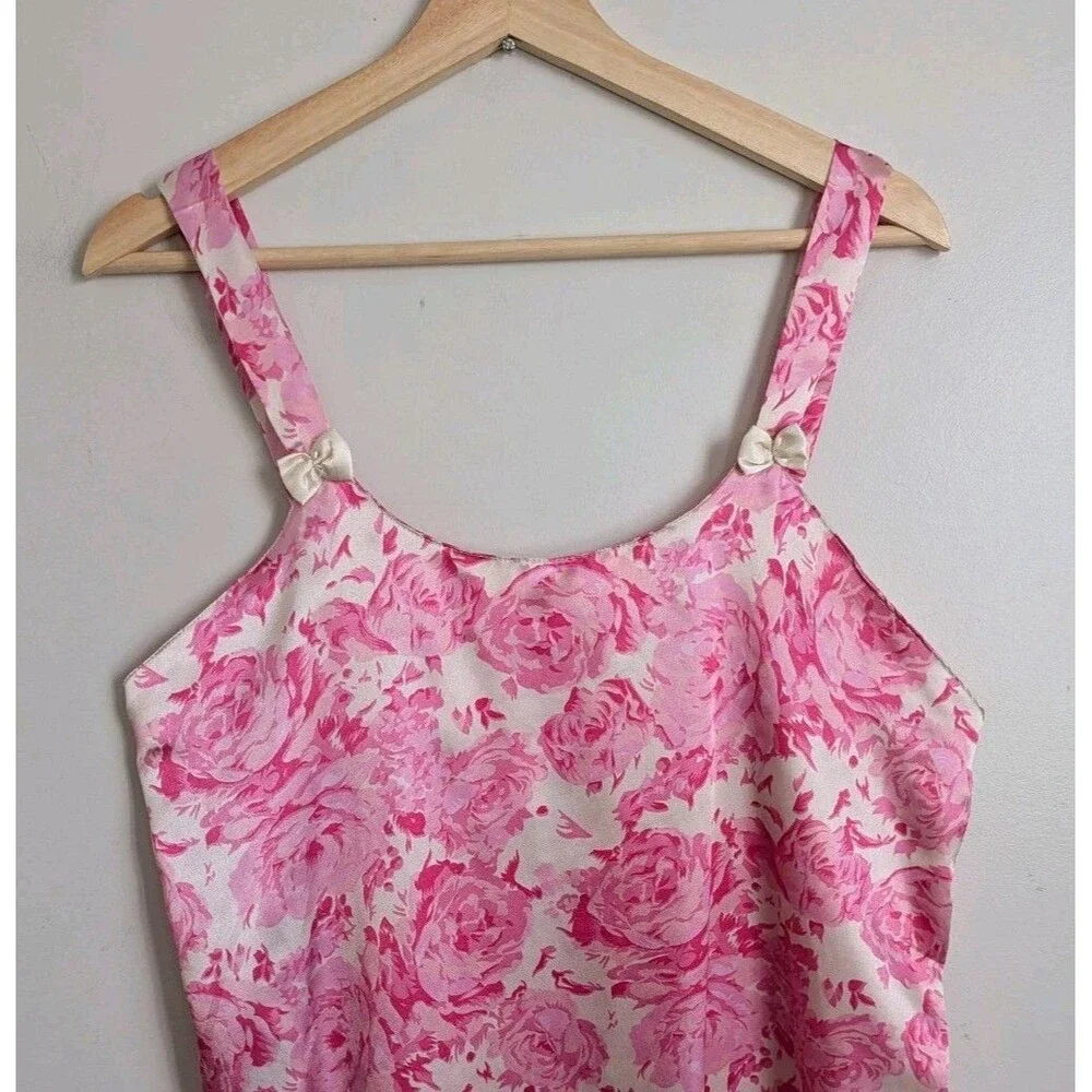Strappy Silky Satin Slip Nightgown Dress M L Pink Rose Floral Bows L 90s Y2K